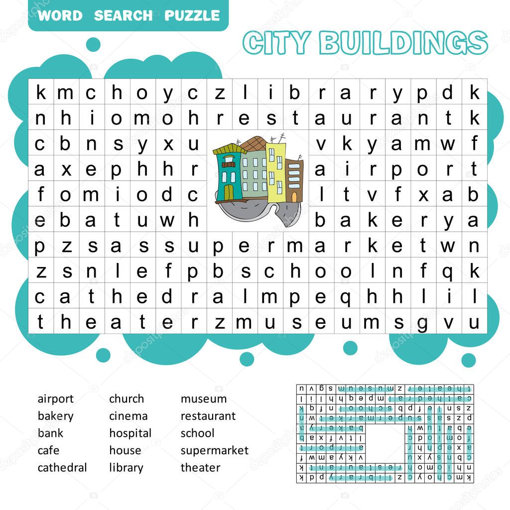 Word search puzzle. Vector game about city buildings. Worksheet for children.