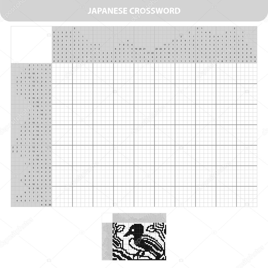 Bird. Black and white japanese crossword with answer. Nonogram with answer