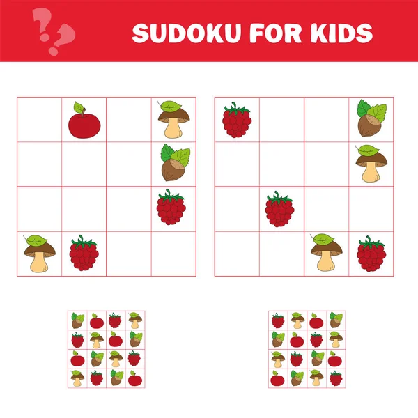 Sudoku juego para niños con fotos. Hoja de actividades para niños. Estilo de dibujos animados — Vector de stock