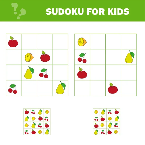 Sudoku juego para niños con fotos. Hoja de actividades para niños. Frutas de dibujos animados . — Vector de stock