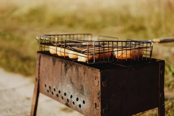 Deliciosas salsichas grelhadas que descansam na grelha de ferro de um churrasco portátil — Fotografia de Stock