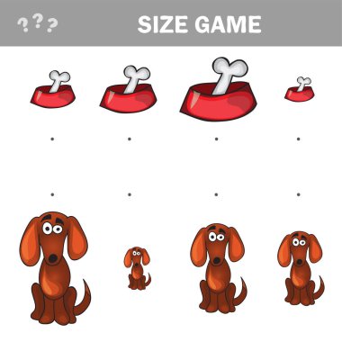 Eşleştirme çocuk eğitim oyunu. Karikatür köpekler ve kemik boyutu maç