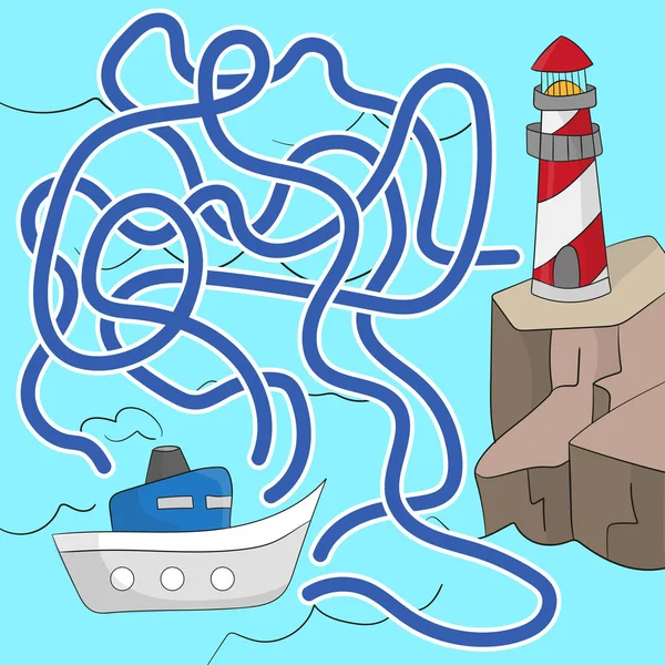 Maze game for children. Help the boat get to the lighthouse. — Stock Vector
