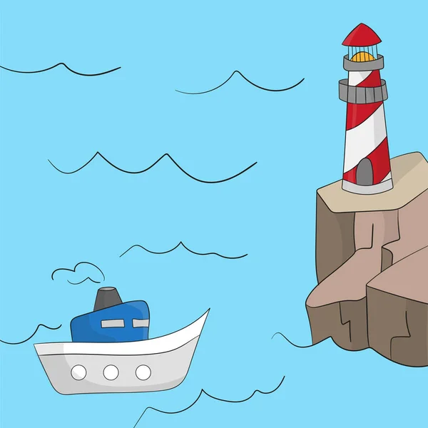 Faro en el océano o mar de la playa de dibujos animados de fondo vector de ilustración — Vector de stock