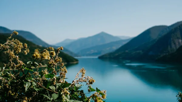 Zhinvali zbiornik jeziora krajobraz z górami. Główny grzbiet Kaukazu. — Zdjęcie stockowe