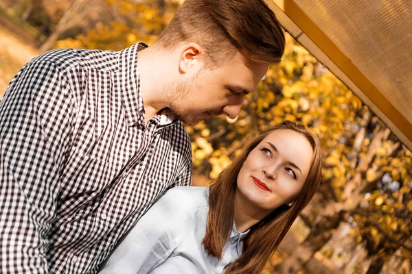 Pareja romántica en el parque de otoño - amor, relación y citas concepto — Foto de Stock