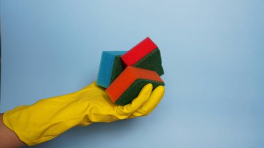 Eldivende birkaç tane sünger var. Ev işi konsepti.