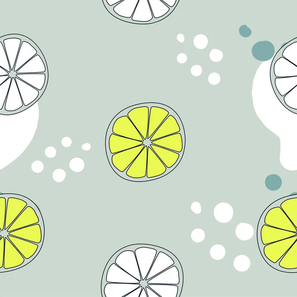 Motif sans couture avec des citrons jaunes et blancs et des points sur fond gris — Image vectorielle