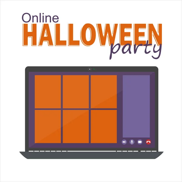 Online-Halloween-Party-Konzept, Computerbildschirm mit Videokonferenz — Stockvektor