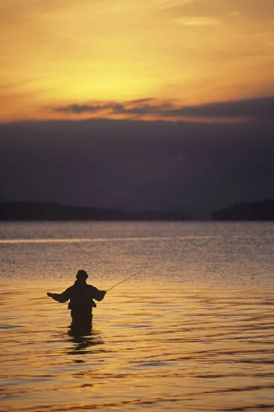 Silhouette Dell Uomo Pesca Mosca Cherry Point Beach Cowichan Valley — Foto Stock