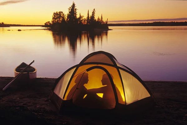 Silhouettes Couple Camping Tent Otter Falls Whiteshell Provincial Park Manitoba — Stock Photo, Image
