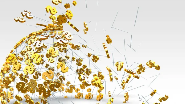 Gyllene dollartecken flyger på den ljusa bakgrunden. — Stockfoto