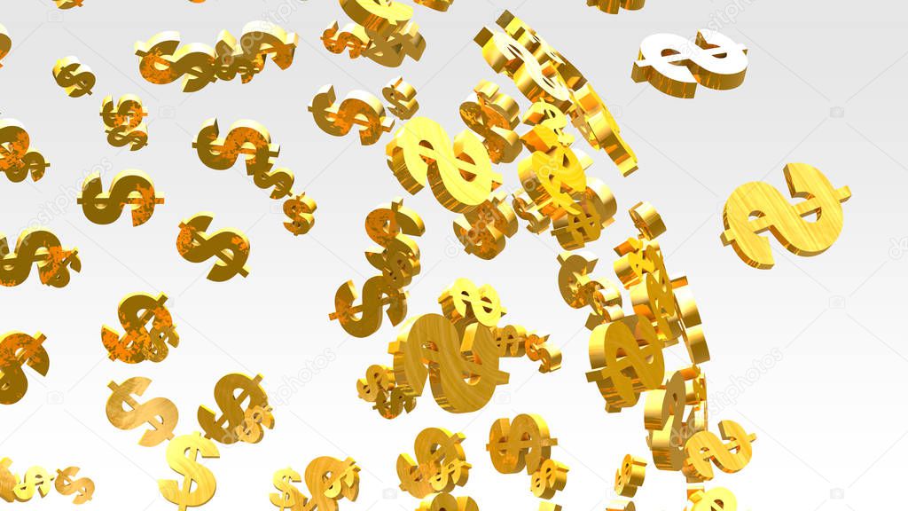 Golden dollar sign flying on the bright background.