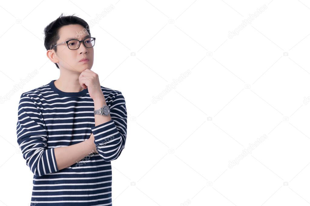 thoughtful asian glasses male tshirt hand gesture think wonder doubtful portrait isolate white background