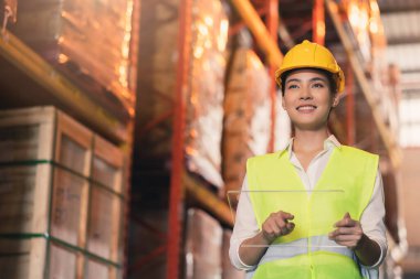 Zeki Asyalı mühendis kadın müfettişin portresi kağıt çizelgesi envanter kontrolü gülümseme donanım evinin arka planı ve ahşap palet ürün stoğu