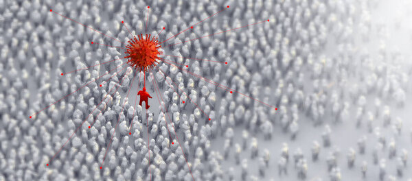 3D illustration of crowd people infected covid-19 coronavirus spread from spreder who carry covid virus by himself and stay in public group of healthy people health ideas concept