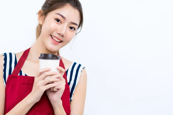 Bonito Atraente Asiático Feminino Mulher Coffeeshop Proprietário Desgaste Avental Casual — Fotografia de Stock