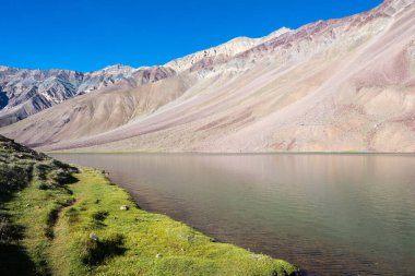 Himachal Pradesh, Hindistan - Lahaul ve Spiti 'deki Chandra Taal (Ay Gölü), Himachal Pradesh, Hindistan. Ramsar Sözleşmesi 'nin bir parçası, Chandertal Bataklıkları..