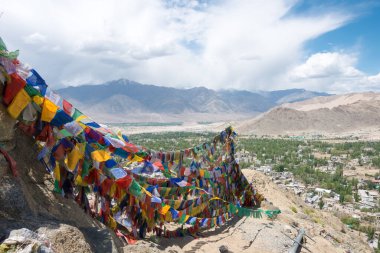 Ladakh, Hindistan - Hindistan 'da Namgyal Tsemo Manastırı' nda (Namgyal Tsemo Gompa) Tibet dua bayrağı.