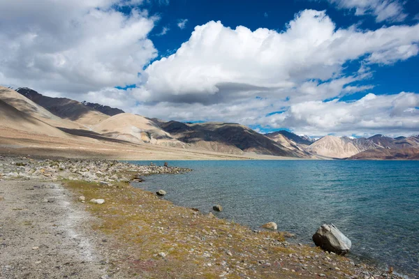 Ladakh, Hindistan - Hindistan 'da Spangmik ve Maan arasında Pangong Gölü manzaralı Ladakh, Jammu ve Kashmir, Hindistan. Göl, Himalayalar 'da yaklaşık 4350 metre yükseklikte bulunan bir endorheik göl..