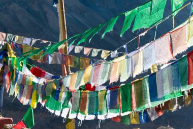 Ladakh, Hindistan - Ladakh, Jammu ve Kaşmir 'deki Türk köyündeki Türk Manastırı' nda (Türk Gompa) Tibet dua bayrağı.