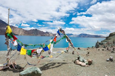 Ladakh, Hindistan - Ladakh, Jammu ve Kashmir 'den Pangong Gölü manzarası Ladakh ve Spangmik arasında. Göl, Himalayalar 'da yaklaşık 4350 metre yükseklikte bulunan bir endorheik göl..