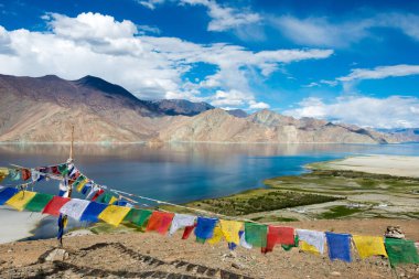 Ladakh, Hindistan - Ladakh, Jammu ve Kashmir 'deki Merak Köyü' nden Pangong Gölü manzarası. Göl, Himalayalar 'da yaklaşık 4350 metre yükseklikte bulunan bir endorheik göl..