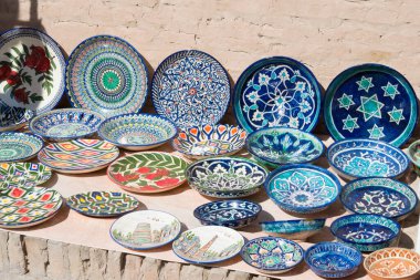 Khiva, Özbekistan - Özbekistan 'ın Khiva kentindeki Antik Itchan Kala kentindeki hatıralar. Itchan Kala Unesco Dünya Mirası Bölgesi.