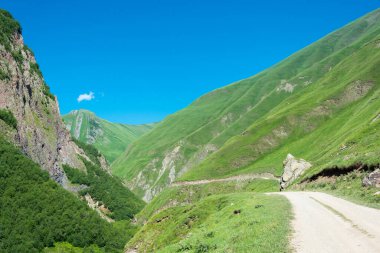 Kazbegi, Gürcistan - Kafkasya dağı yakınlarındaki Truso vadisi. Kazbegi, Mtskheta-Mtianeti, Georgia 'da ünlü bir manzara..