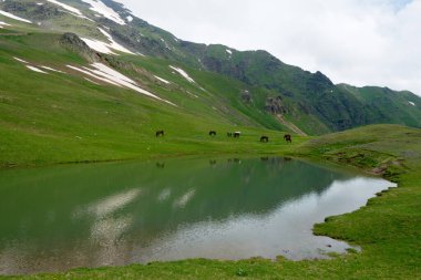Mestia, Georgia - Mestia 'dan Koruldi göllerine doğru yürüyüş yolu. Mestia, Samegrelo-Zemo Svaneti, Georgia 'da ünlü bir manzara..