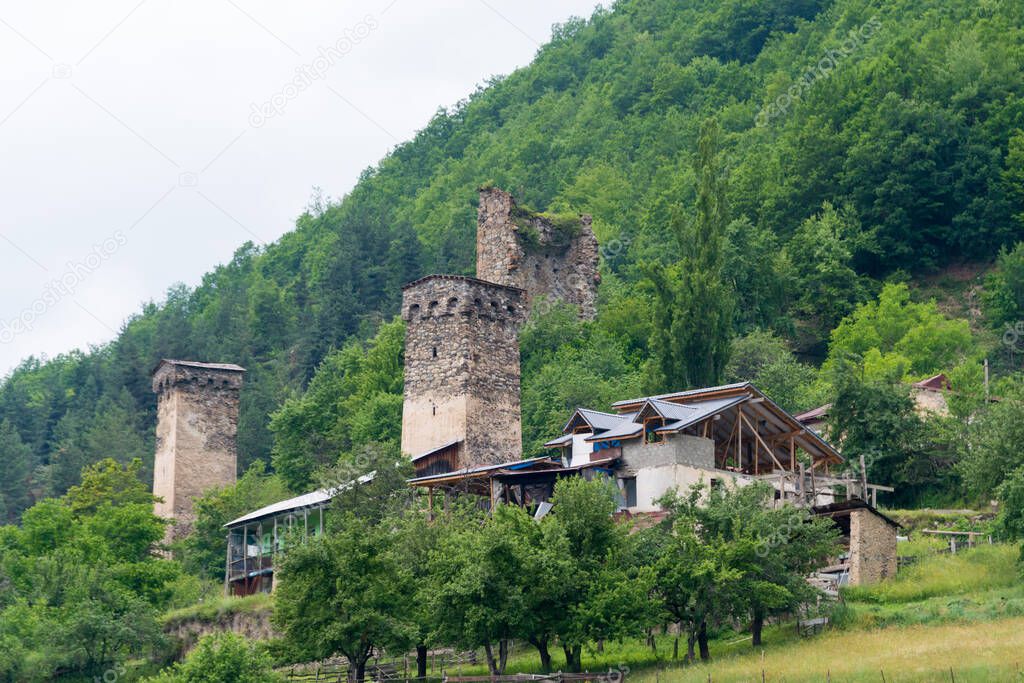 Mestia, Georgia - Ancient towers with Mountain village. a famous landscape in Mestia, Samegrelo-Zemo Svaneti, Georgia.