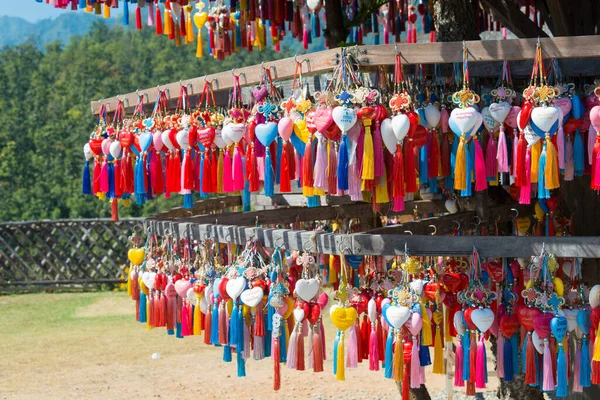 Pai Thailand Multitude Colorful Hearts Tassels Wishes Names Visitors Stand — Stock Photo, Image