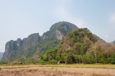 Vang Vieng, Laos - Vang Vieng 'in doğa görüntüsü. Vang Vieng, Vientiane Vilayeti, Laos 'ta ünlü bir manzara..