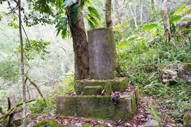 Hualien, Tayvan - Mar 03 2020 - Taroko Ulusal Parkı 'ndaki Zhuilu Eski Yolu' ndaki Cliff İleri Karakolu harabelerinde görev yaparken ölen polis anıtı, Xiulin, Hualien, Tayvan.
