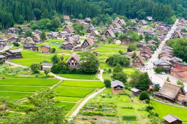 Gifu, Japonya - Japonya 'daki Shirakawago, Gifu' daki Ogimachi Köyü 'ndeki Gthe-zukuri evleri. UNESCO Dünya Mirasları Bölgesi - Shirakawa-go ve Gokayama 'nın Tarihi Köyleri.