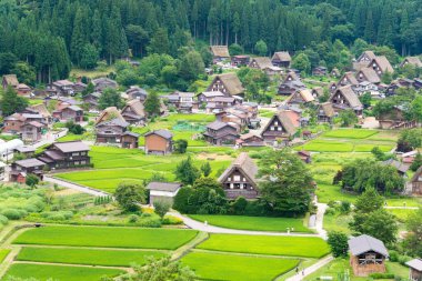 Gifu, Japonya - Japonya 'daki Shirakawago, Gifu' daki Ogimachi Köyü 'ndeki Gthe-zukuri evleri. UNESCO Dünya Mirasları Bölgesi - Shirakawa-go ve Gokayama 'nın Tarihi Köyleri.