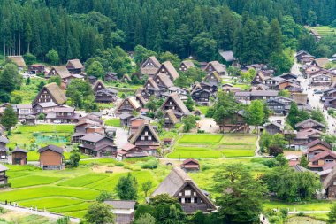 Gifu, Japonya - Japonya 'daki Shirakawago, Gifu' daki Ogimachi Köyü 'ndeki Gthe-zukuri evleri. UNESCO Dünya Mirasları Bölgesi - Shirakawa-go ve Gokayama 'nın Tarihi Köyleri.