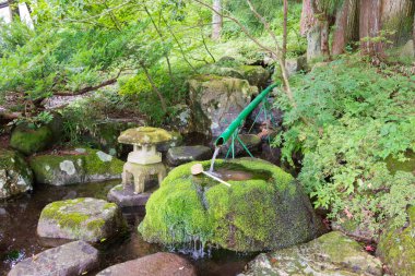 Gifu, Japonya - Shirakawago, Gifu, Japonya 'daki Hatoya Hachiman türbesinde kaynak suyu. Ünlü tarihi bir yer..
