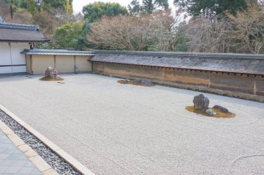 Kyoto, Japan - The Kare-sansui (dry landscape) zen garden at Ryoan-ji Temple in Kyoto, Japan. It is part of Historic Monuments of Ancient Kyoto, a UNESCO World Heritage Site. clipart