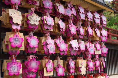 Tokyo, Japonya - Japonya 'daki Ueno Park' taki Kiyomizu Kannon-do Tapınağı 'nda geleneksel ahşap ibadet tableti (Ema).