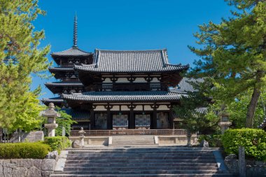 Nara, Japonya - Japonya 'daki Horyuji Tapınağı. UNESCO Dünya Mirası Sitesi - Antik Nara Tarihi Anıtları.