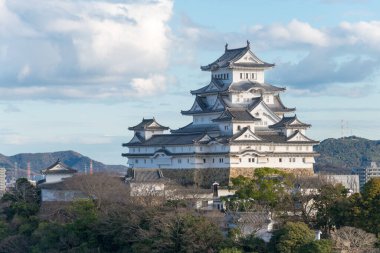 Hyogo, Japonya - Himeji, Japonya 'daki Otokoyama Hachimangu türbesinden Himeji Kalesi manzaralı. UNESCO 'nun Dünya Mirası Alanının bir parçasıdır - Himeji-jo ve Japonya' nın Ulusal Hazinesi.