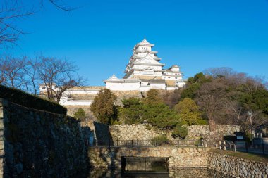 Hyogo, Japonya - Himeji, Japonya 'daki Otokoyama Hachimangu türbesinden Himeji Kalesi manzaralı. UNESCO 'nun Dünya Mirası Alanının bir parçasıdır - Himeji-jo ve Japonya' nın Ulusal Hazinesi.
