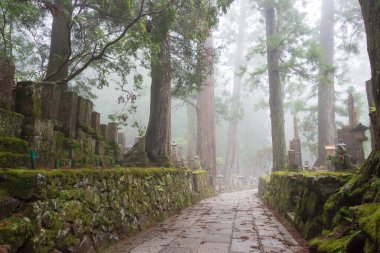 Wakayama, Japan - Mar 21 2019 - Okunoin Cemetery in Koya, Wakayama, Japan. Mount Koya is UNESCO World Heritage Site- Sacred Sites and Pilgrimage Routes in the Kii Mountain Range. clipart