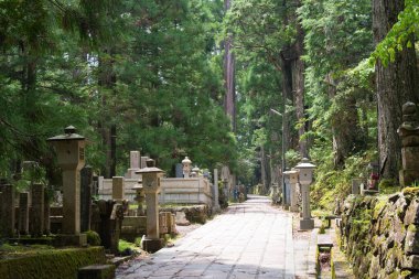 Wakayama, Japonya - Koya, Wakayama, Japonya 'daki Okunoin Mezarlığı. Koya Dağı UNESCO 'nun Dünya Mirası Bölgesi Kii Dağları' ndaki kutsal mekanlar ve hac rotalarıdır..