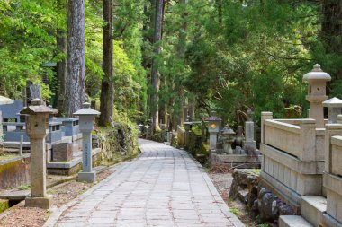 Wakayama, Japonya - Koya, Wakayama, Japonya 'daki Okunoin Mezarlığı. Koya Dağı UNESCO 'nun Dünya Mirası Bölgesi Kii Dağları' ndaki kutsal mekanlar ve hac rotalarıdır..