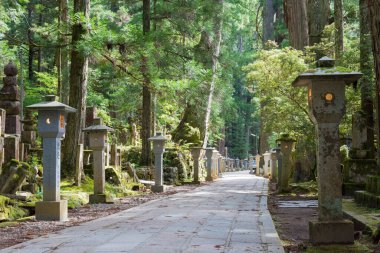 Wakayama, Japonya - Koya, Wakayama, Japonya 'daki Okunoin Mezarlığı. Koya Dağı UNESCO 'nun Dünya Mirası Bölgesi Kii Dağları' ndaki kutsal mekanlar ve hac rotalarıdır..
