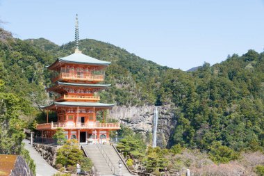 Wakayama, Japonya - Nachi Şelalesi ile Nachikatsuura, Wakayama, Japonya 'daki Seigantoji Tapınağı' nda üç katlı bir tapınak. UNESCO Dünya Mirasları Alanının bir parçasıdır..