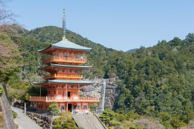 Wakayama, Japonya - Nachi Şelalesi ile Nachikatsuura, Wakayama, Japonya 'daki Seigantoji Tapınağı' nda üç katlı bir tapınak. UNESCO Dünya Mirasları Alanının bir parçasıdır..