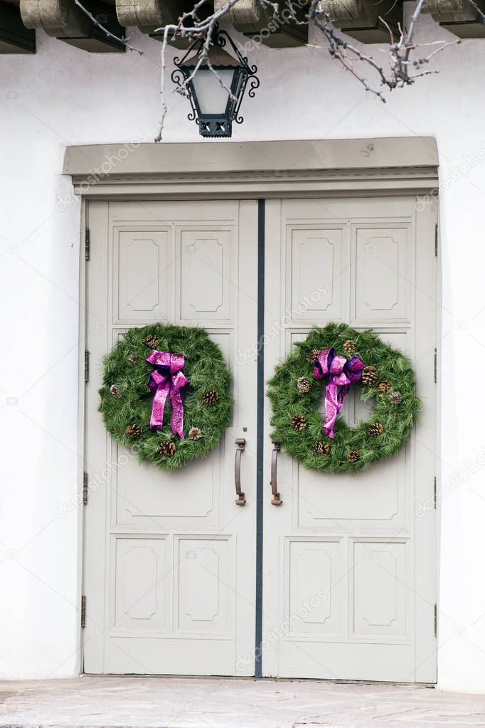 Main Church Entrance Adorned with Holiday Wreaths, Santa Fe, New Mexico